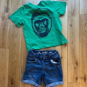 Hanna Andersson Green Gorilla Tshirt 2T Toddler Boy w/ Cat & Jack Denim Shorts